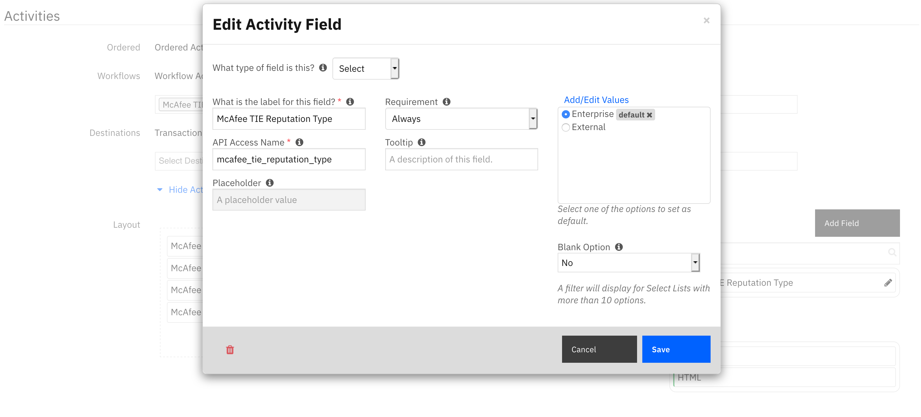 screenshot: creating a new activity field 