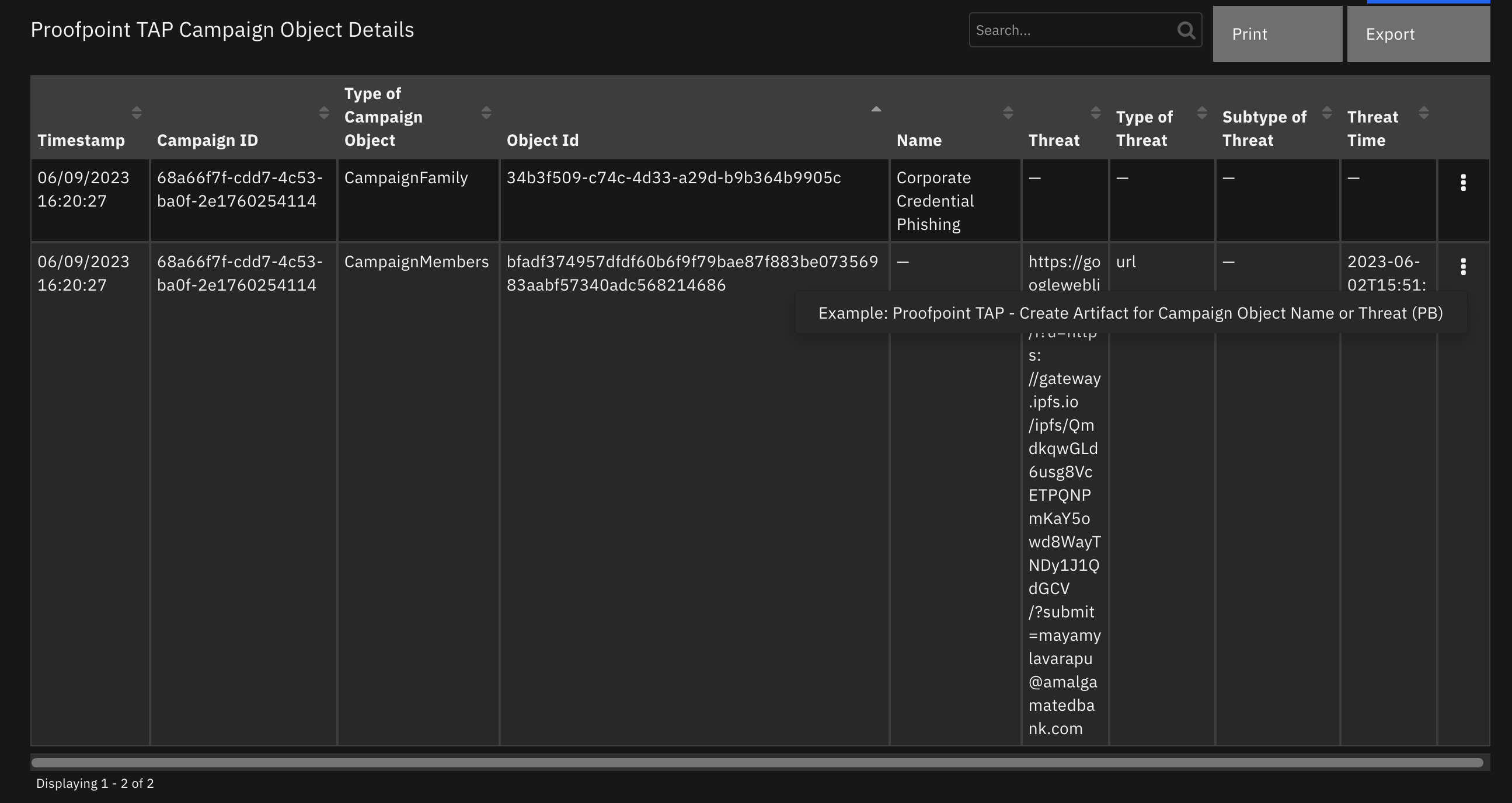screenshot: dt-proofpoint-tap-campaign-object-details