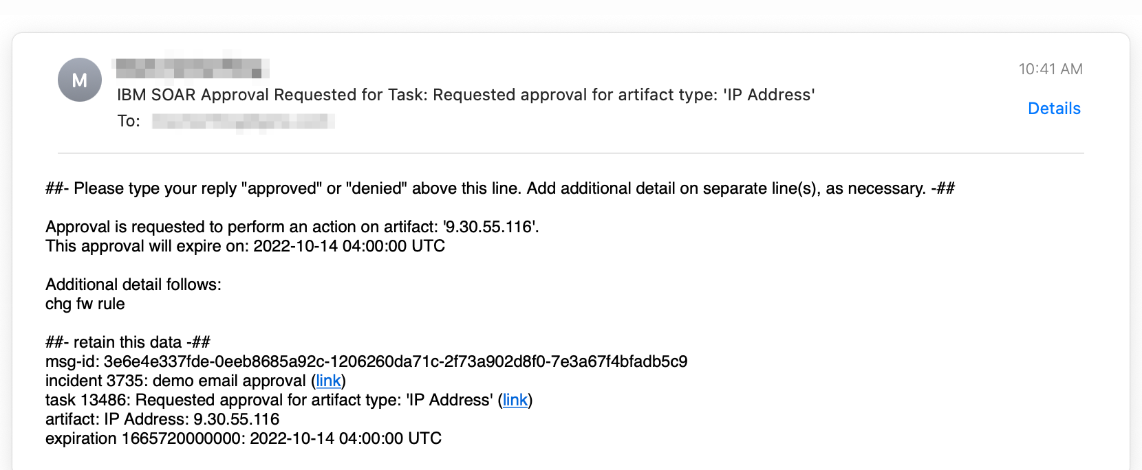 screenshot: email content