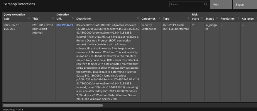 screenshot: fn-extrahop-revealx-get-detections-datatable