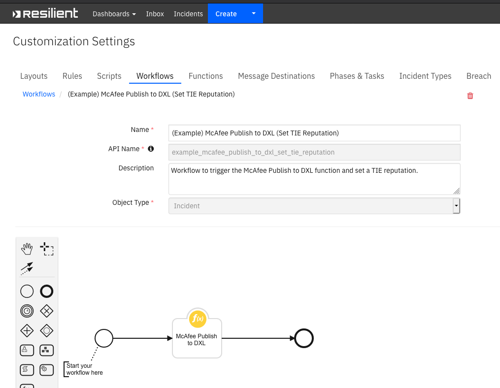 screenshot: fn-mcafee-publish-to-dxl-workflow 