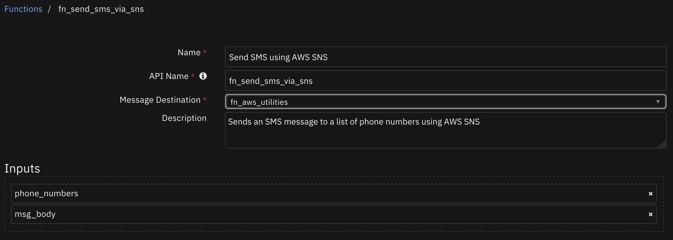 screenshot: fn-send-sms-using-aws-sns 