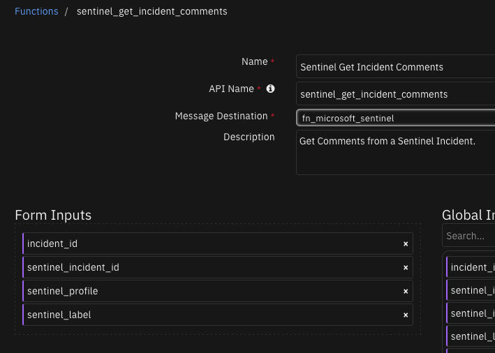 screenshot: fn-sentinel-get-incident-comments 