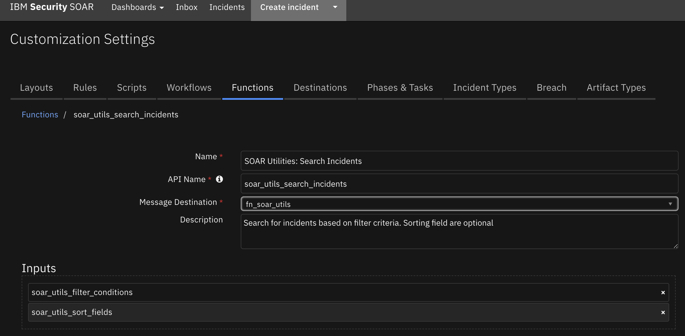 screenshot: fn-soar-utilities-search-incidents 