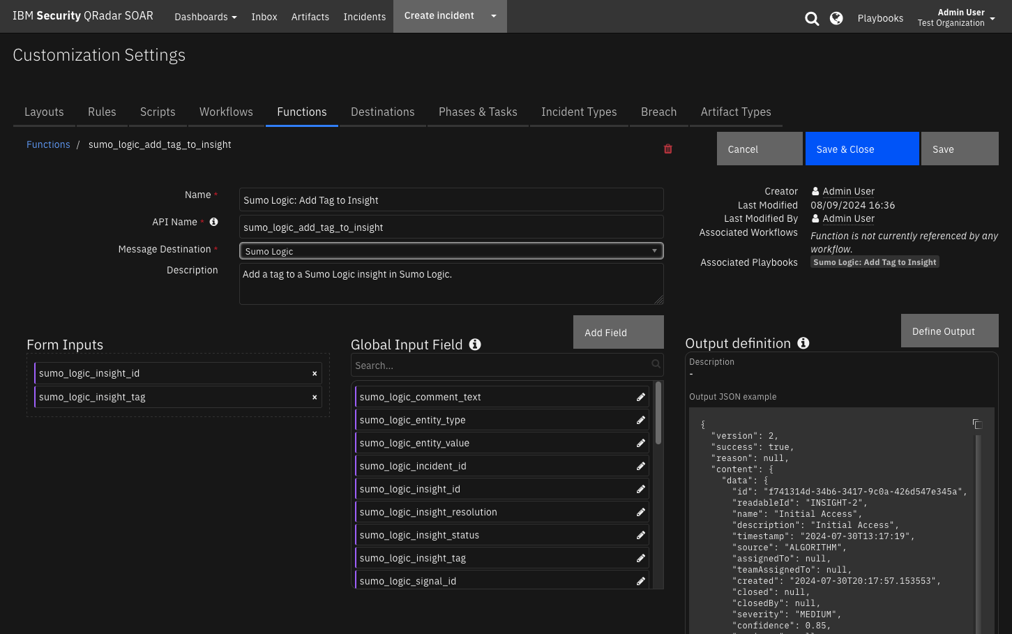 screenshot: fn-sumo-logic-add-tag-to-insight 