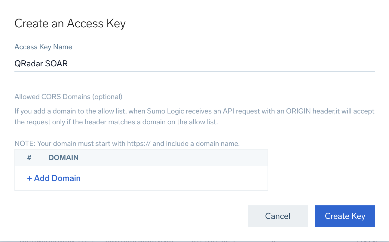 screenshot: fn-sumo-logic-create-access-key