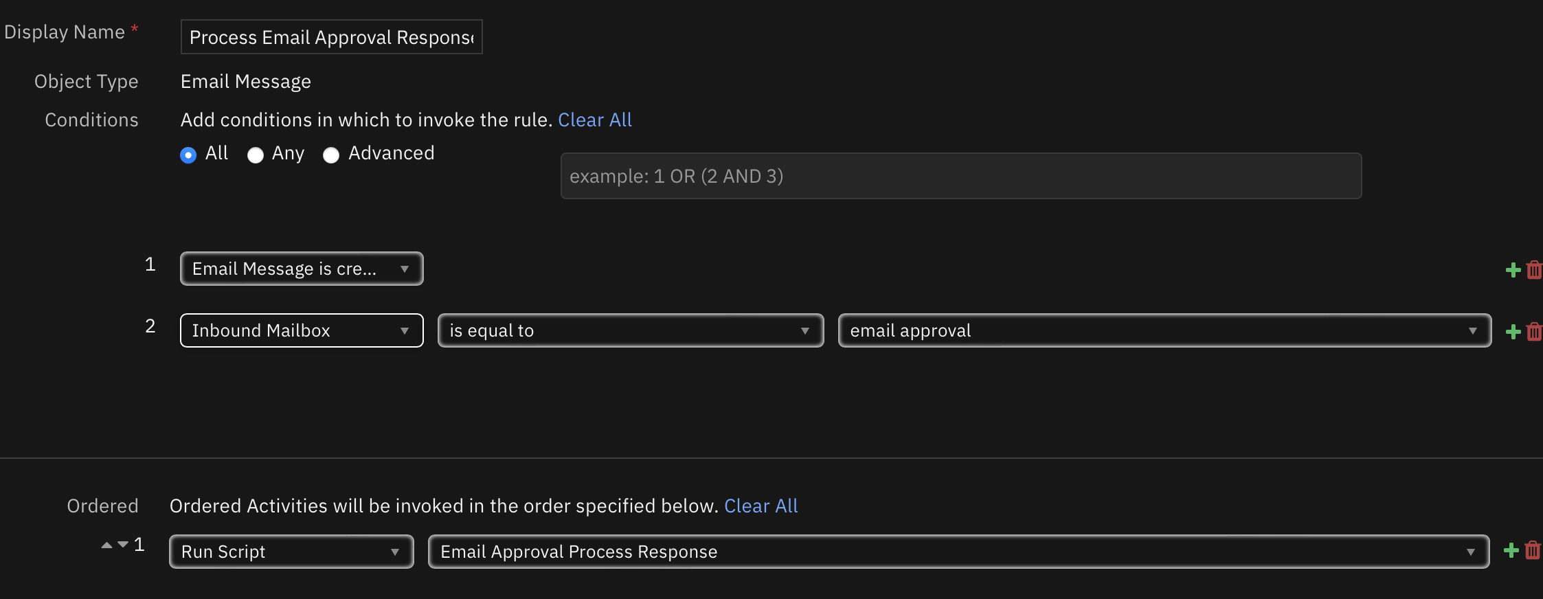 screenshot: email response rule
